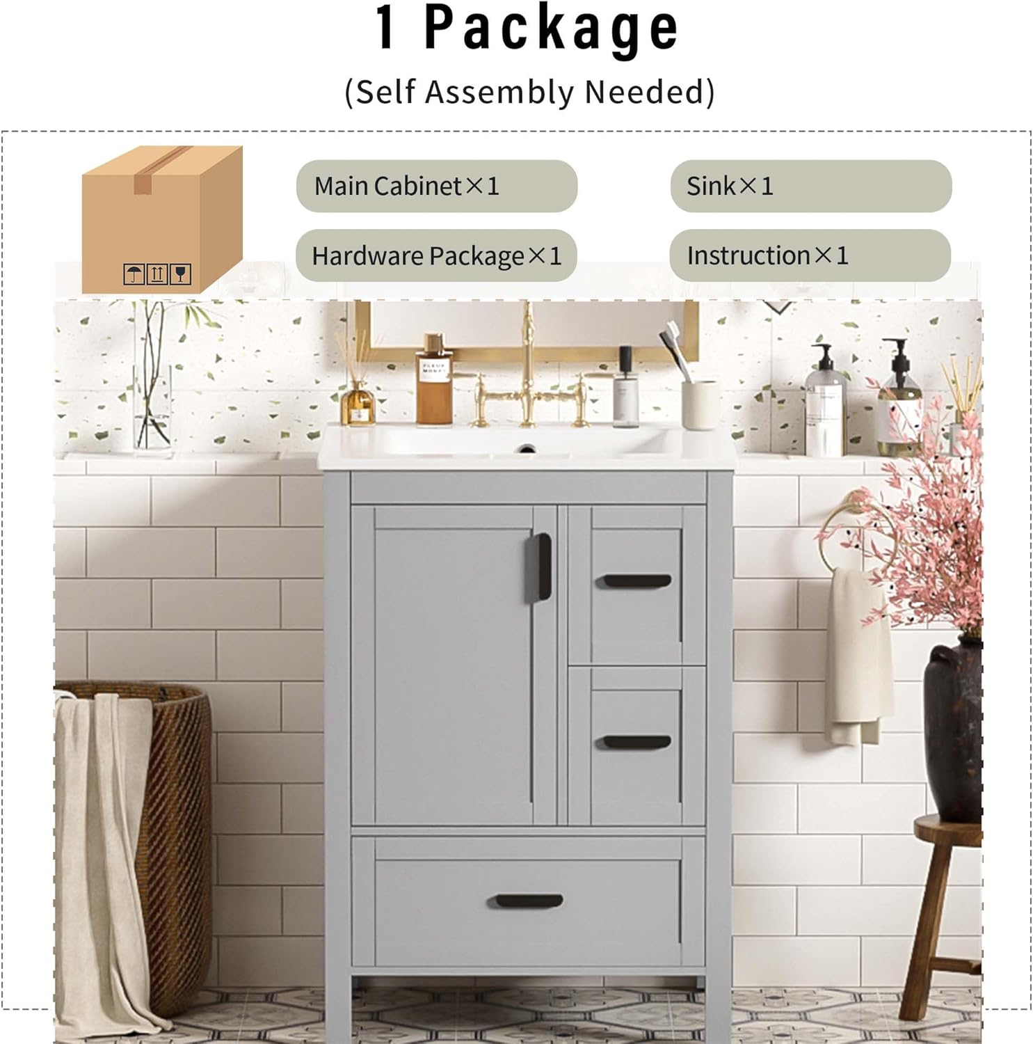 24 Inch Bathroom Vanity with Ceramic Sink, Modern Bathroom Cabinet with Soft-Close Door, 3 Drawers & Double Layer Shelf, Solid Wood Frame for Small Bathroom or Powder Room, White (Gray)
