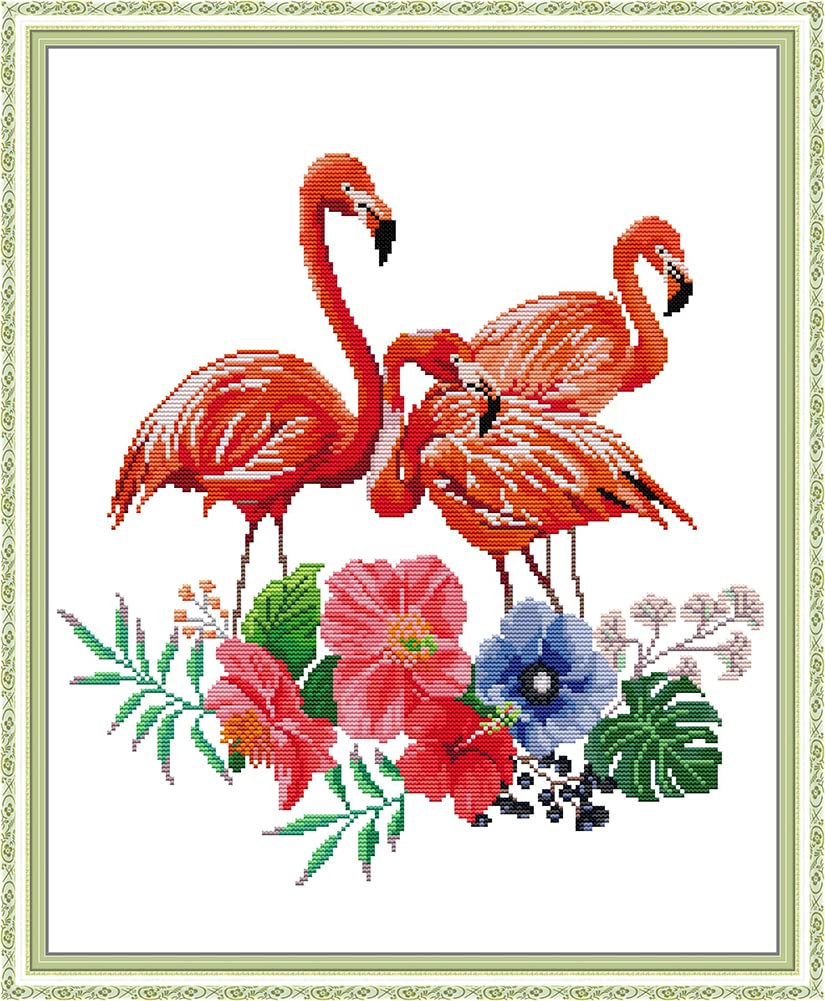 Own4b Flamingo Cross Stitch Kits Pre Printed, Stamped Pattern 11Ct 19.7X23.6 Inch Diy Embroidery Kit (Flamingo)