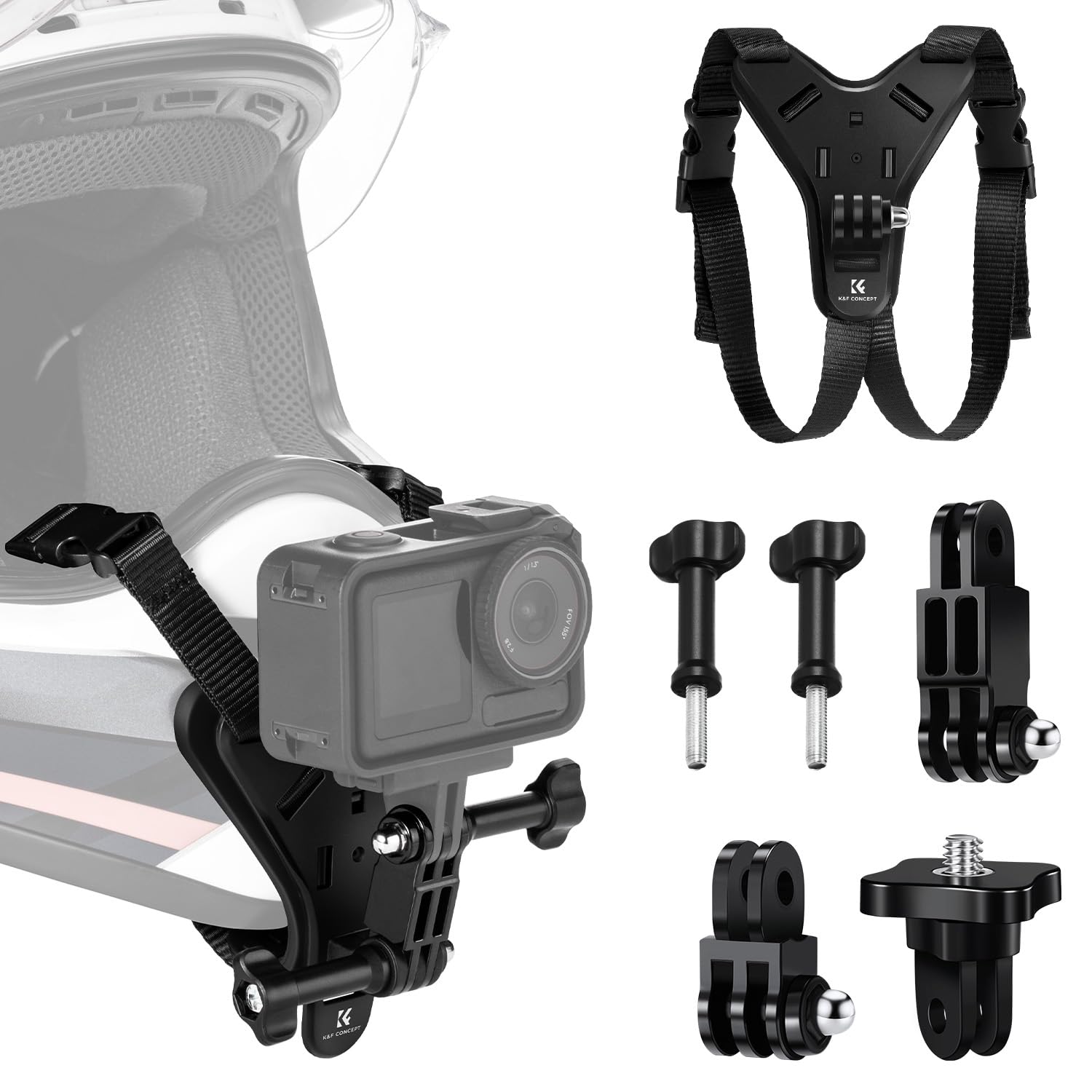 K&F CONCEPT Support de Casque de Moto pour Menton Compatible avec GoPro Hero 13/12/11/10/9/8/7, DJI Osmo Action 6/5 Pro/4/3/360, Insta360 Ace Pro/2/X5/X4/X3, AKASO, Base en Y, Silicone antidérapant