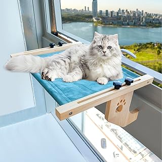 Cat Window Perch Hammock Bed with Wood & Metal Frame for Cats Easy to Assemble-No Drilling Required for Windowsill, Bedside, Drawer and Cabinet Holds Up to 30 lbs (Flannel - 21.7’'- with Velcro)