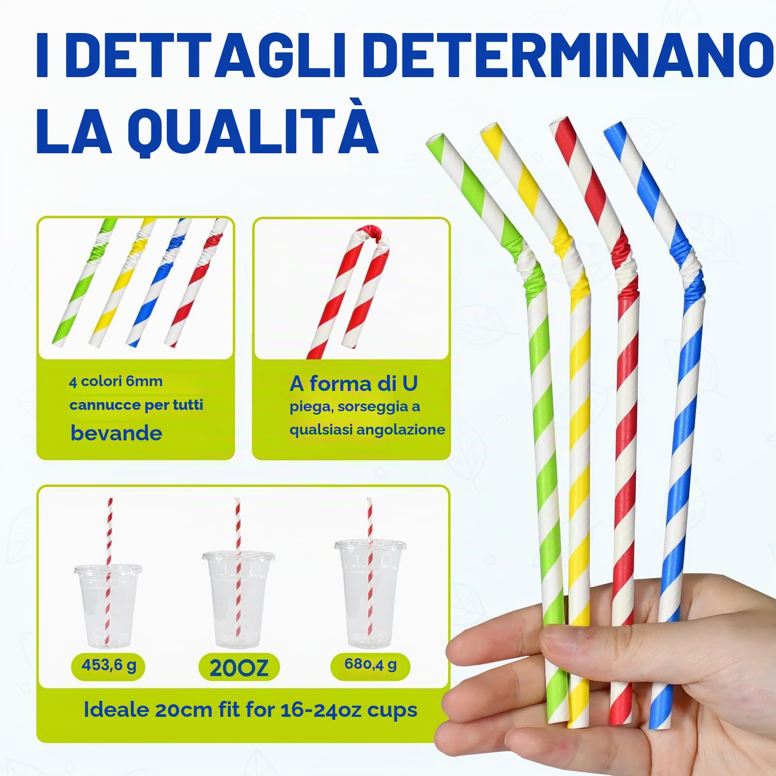 Cannucce di carta usa e getta flessibili, 19,7 x 0,6 cm, 100% biodegradabili, a strisce colorate, confezione da 250