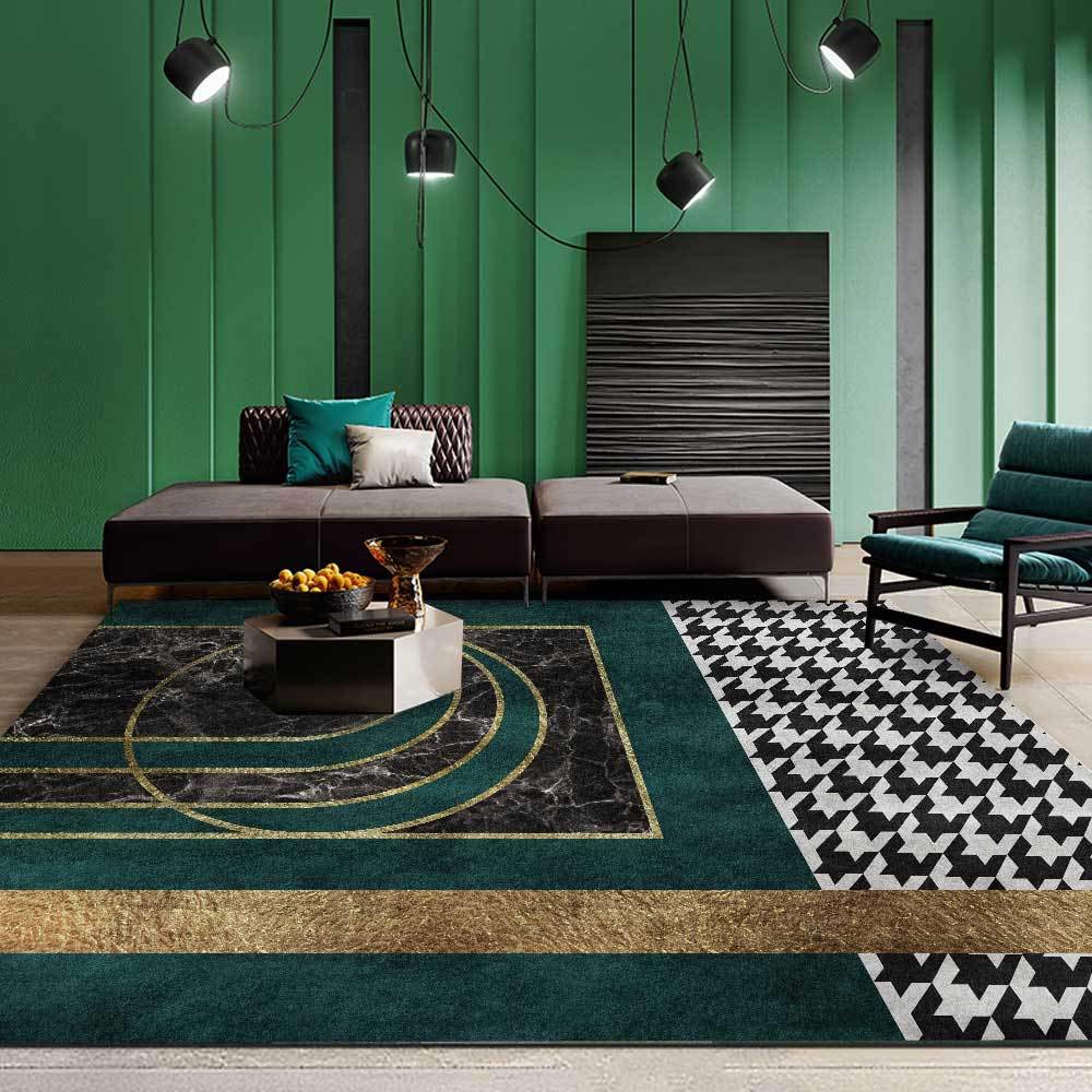 Alfombra antideslizante verde de salón con diseño geométrico actual