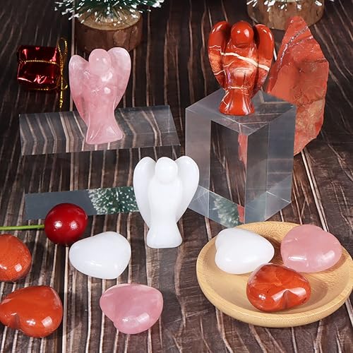 Miniatura 7 de Artistone Juego de cristal de cuarzo rosa con bolsillo de ángel de la guarda y piedra de corazón curativo, figuras de ángel pequeñas rosa natural,