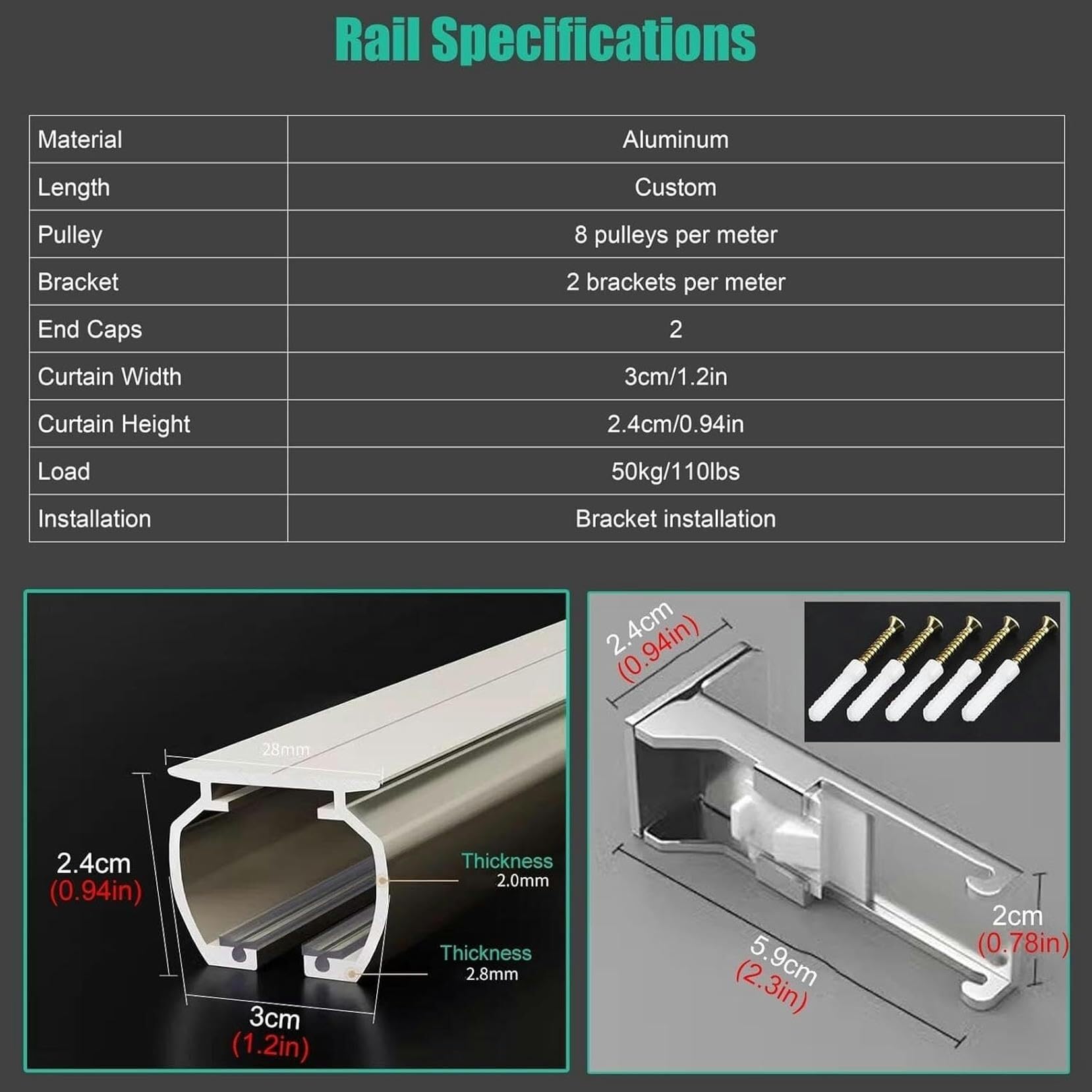 Extra Long Curtain Track Wall Mount Heavy Duty, 32 29 26 23 19 16 14 13ft, Indoor Outdoor Curtain Rail Single Aluminum Curtain Rod Channels With Fittings(White,2m/6.5ft)