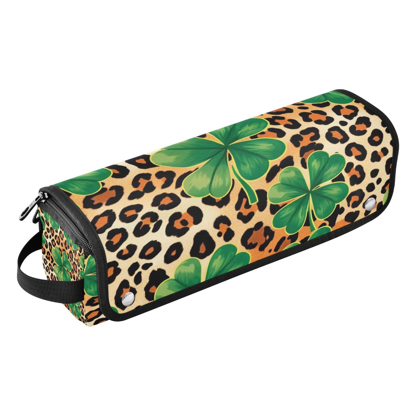 Leopard Four Leaf Clovers Hair Tools Travel Bag Portable Hair Accessory Organizer with Heat Resistant Mat 2 in