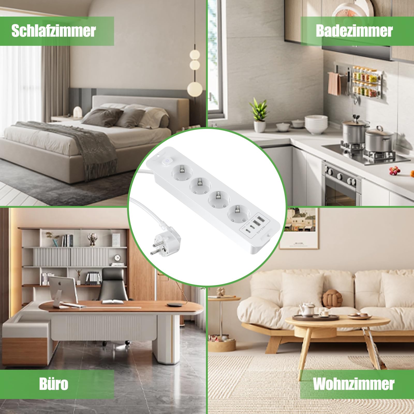 Toma de Empotrar Corriente con 2 USB y 2 Type-C, 4 Tomas Enchufes Multiple Empotrada de Sobremesa con Interruptor, Regleta de Enchufes Empotrada con Cable de 2M para Muebles de Encimera, Blanco — view 7