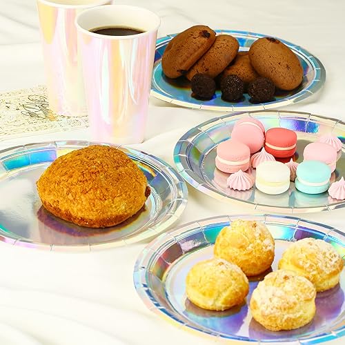 Miniatura 3 de Platos de papel iridiscentes de 9 pulgadas 50 unidades Platos redondos desechables de papel para pasteles, ensalada, pizza, holográficos, arco iris,