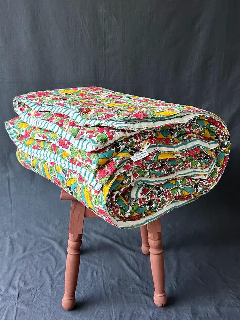 Organic Mulmul Cotton Quilt- Macaw, Handblock Printed, 100% Surgical Cotton (Single)-image-12