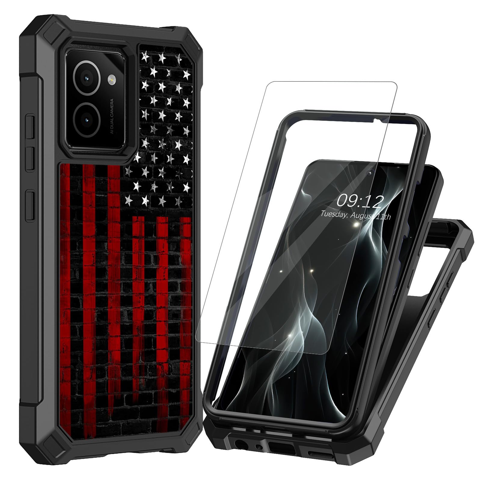HMD Vibe用電話ケース、Nokia HMD Vibe N159V用 スクリーンプロテクター デュアルレイヤーハードPC ソフトTPUバンパー 耐衝撃性 高耐久カバー、ブラック レッド アメリカ国旗