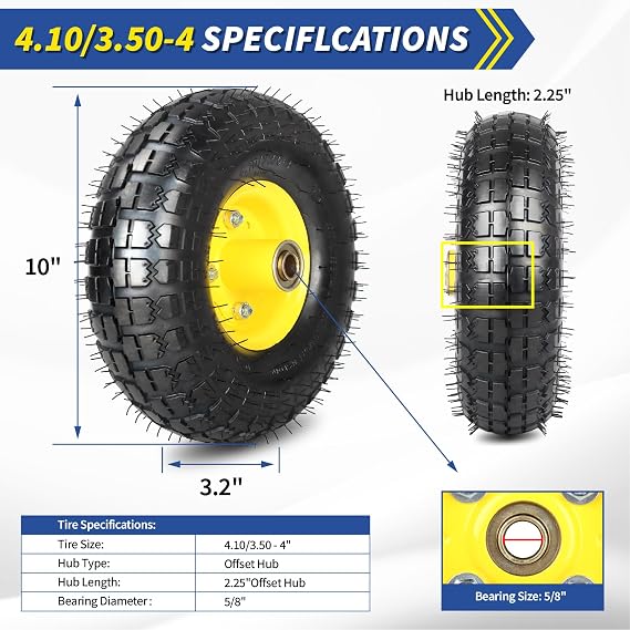 GICOOL 4.10/3.50-4 Rubber Pneumatic Tire and Wheel, with 2.25 Offset Hub, 5/8 Sealed Bearings, for Hand Truck Trolley Dolly Garden Wagon Wheel Replacement, 2 Pack (Explorer Series)
