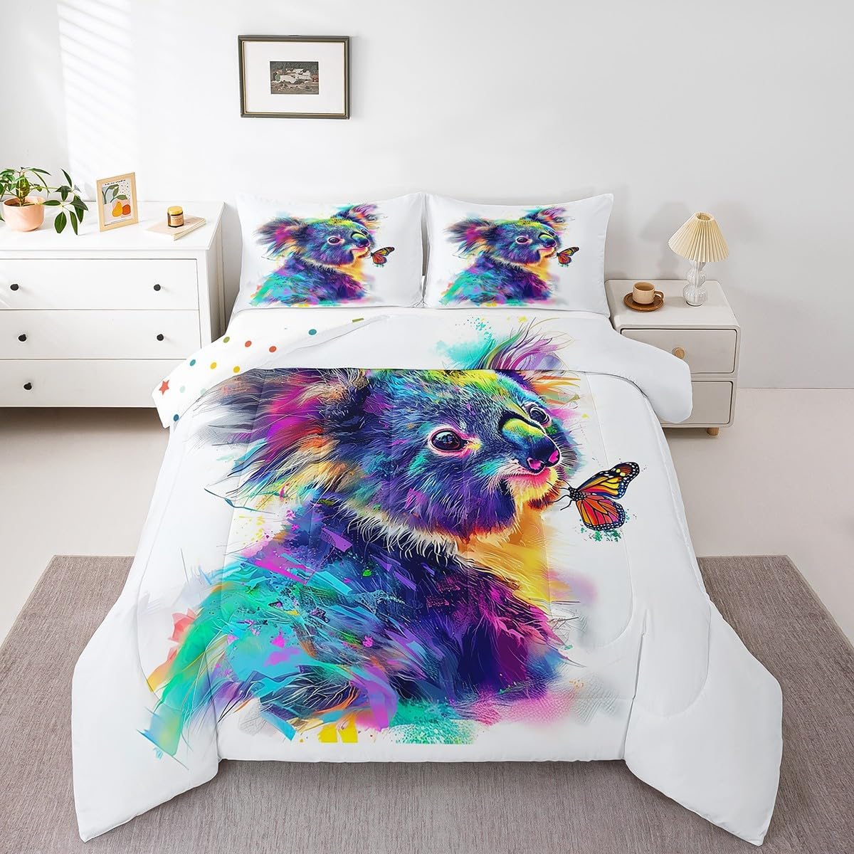 Erosebridal Cute Penguin Queen Size Comforter Set for Kids Orange Butterfly Bedding Set for Girls Boys, Watercolor Animal Down Comforter Graffiti Wildlife Bed Set, Antarctic Penguin Quilted Duvet