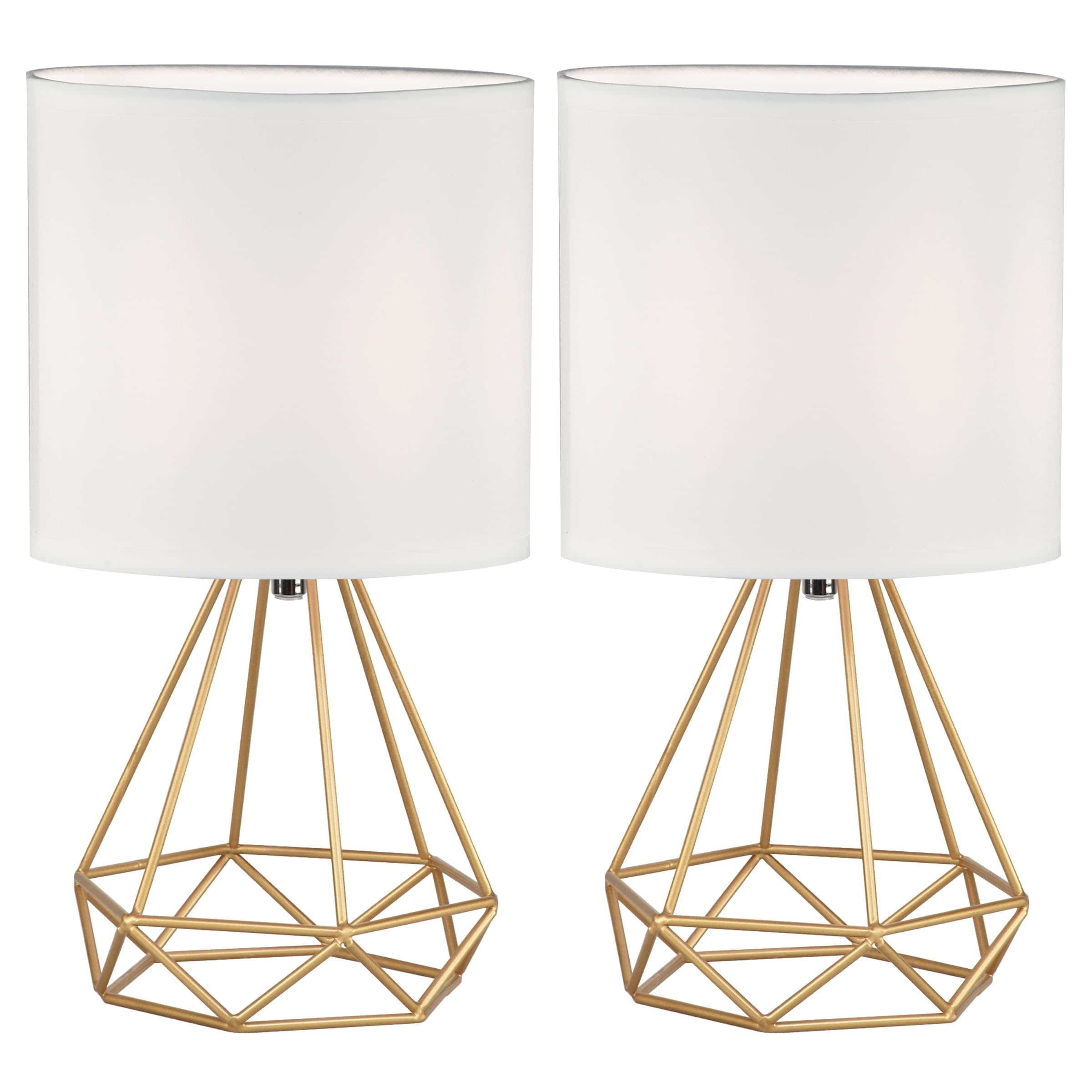 firstchoicelighting Set of 2 Gold Table Lamps or Bedside Lights, Modern Geometric Design, White Fabric Shade, 32cm Height, LED Compatible