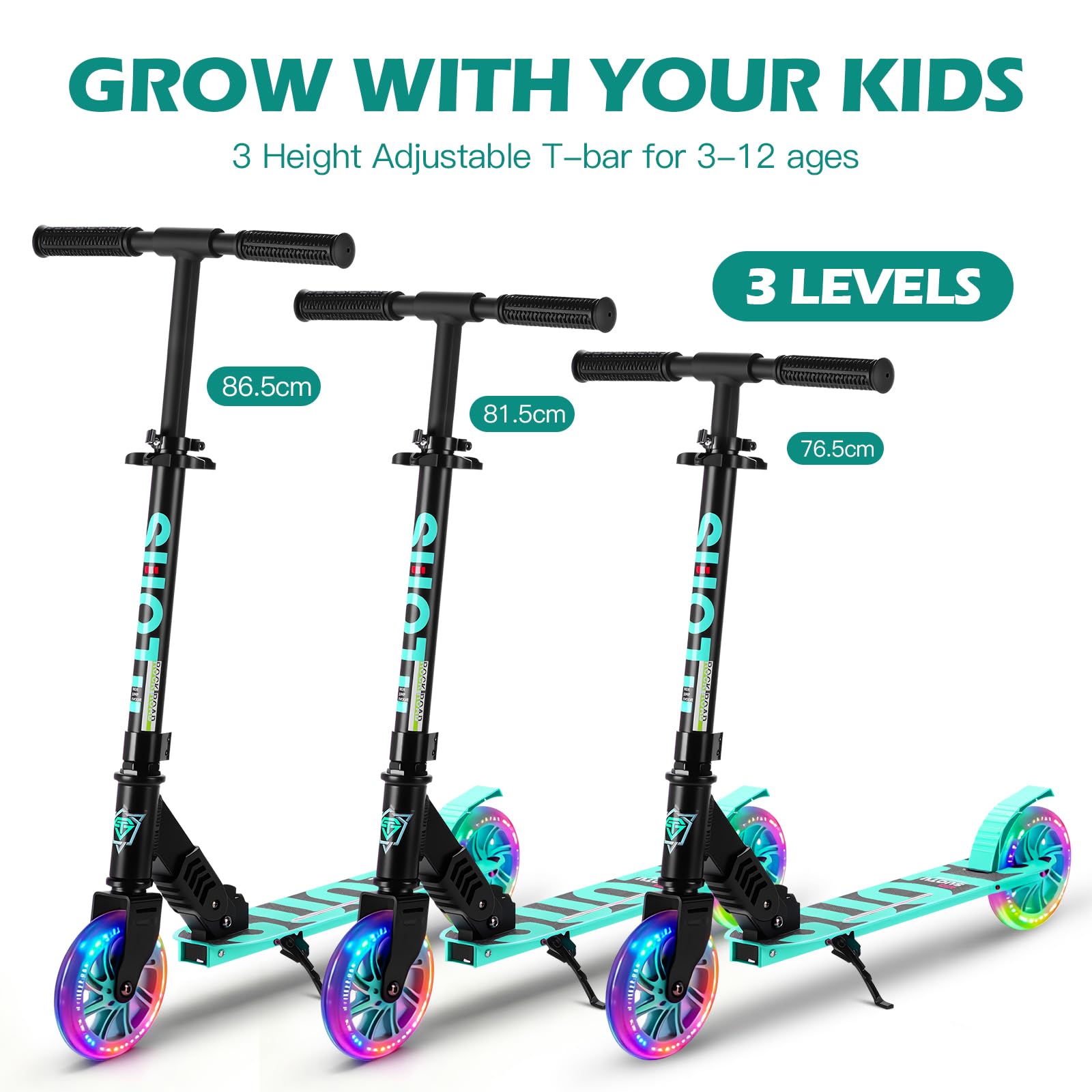 SUOTU Patinete Niño con Grandes Ruedas Iluminadas de 145 mm, Carga Máxima: 100 kg, Scooter para Niños de 3 a 12 Años, Plegable, Volante Ajustable Altura, Aluminio — view 6