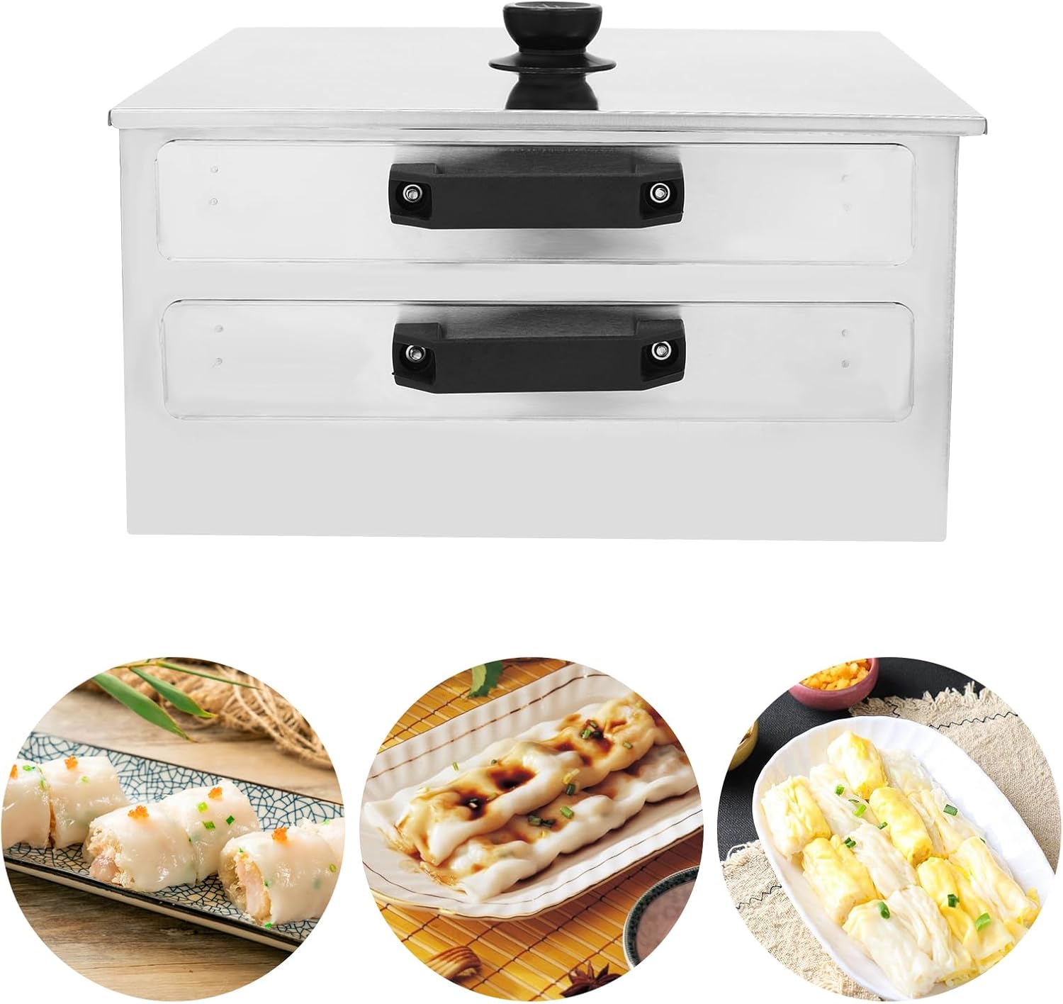 2 Tiers Rice Noodle Rolls Steamer Manual Chinese Steamed Vermicelli Roll Steamer w/1* Replacement Drawer, Stainless Steel Cantonese Breakfast Rice Noodle Cookware, 12.6" L x 12.2" W x 6.3" H