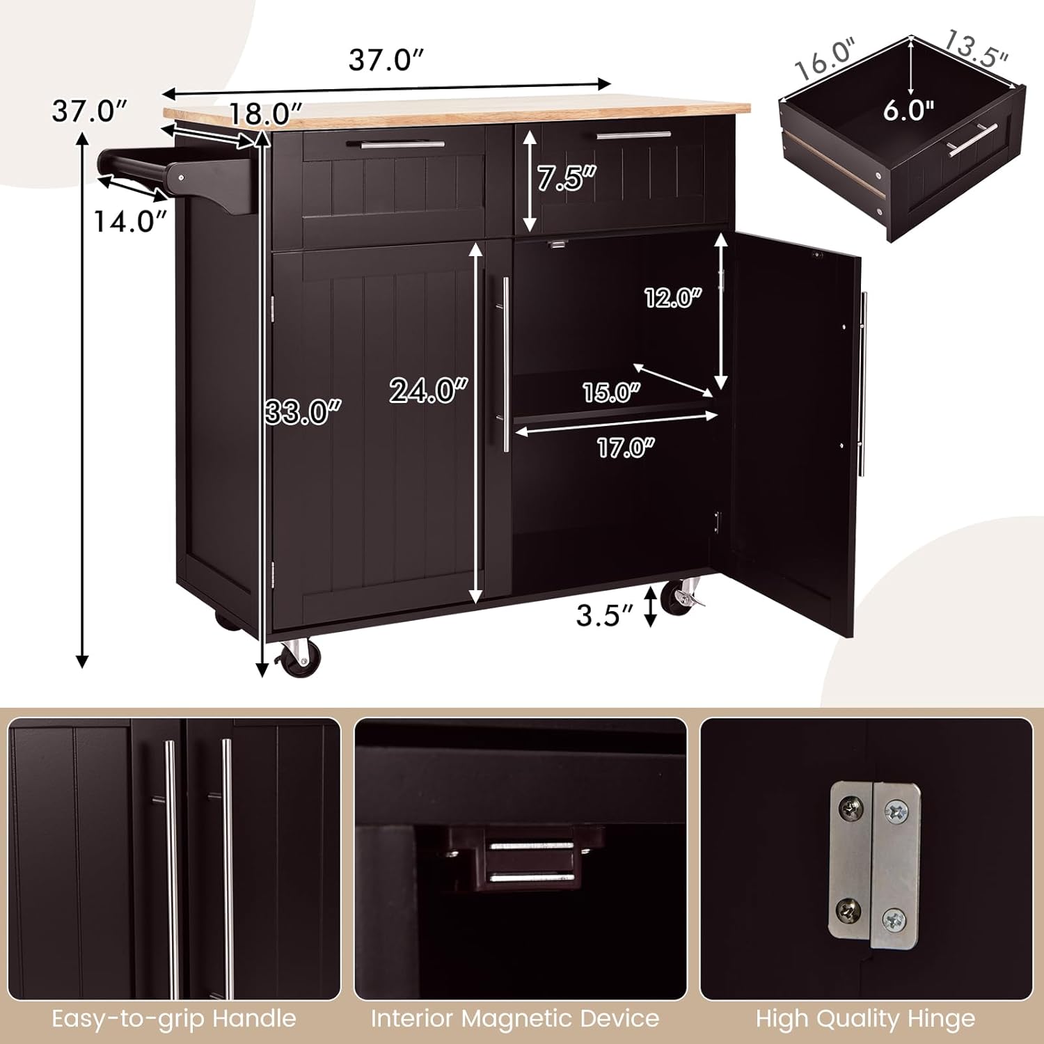 Kitchen Island with Storage, Mobile Kitchen Trolley Cart with Wheels, Rubber Wood Top, Adjustable Shelves, Towel Rack & Drawers, Rolling Kitchen Island Cart, 37" L x 18" W x 37" H (Brown)