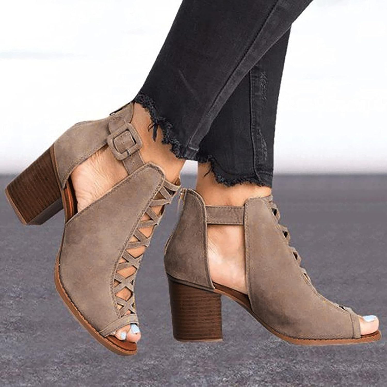rumor open toe side buckle bootie