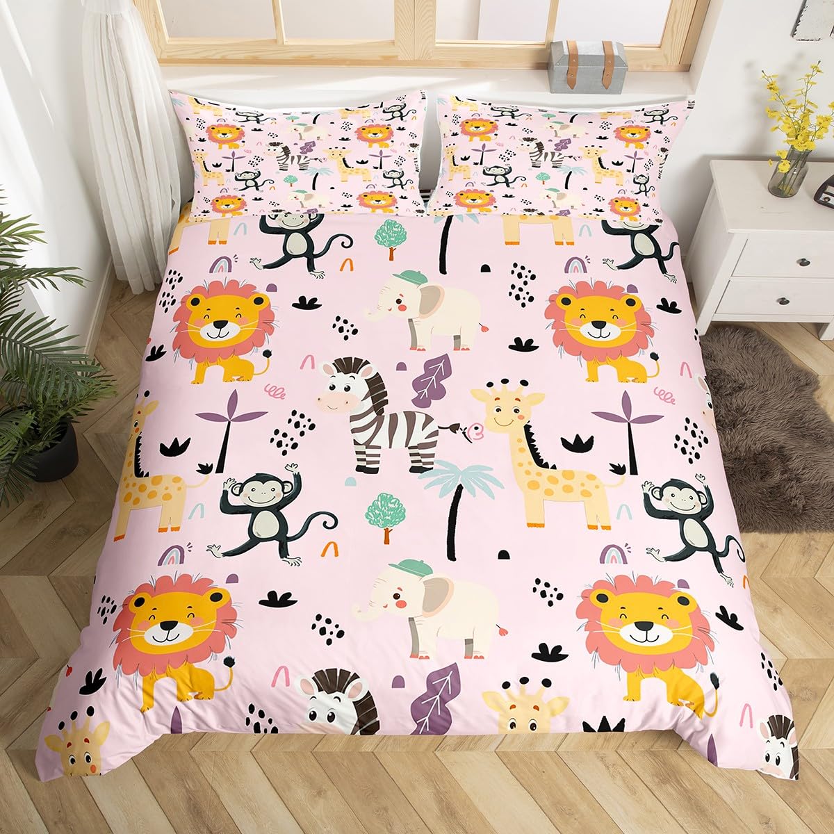 Loussiesd Children's Animal Bedding Lion Monkey Bedding Set Girls' Giraffe Elephant Zebra Down Duvet Set Double Cute Zoo Animal Pattern Bedding Set with 2 Pillowcases Pink — image 1