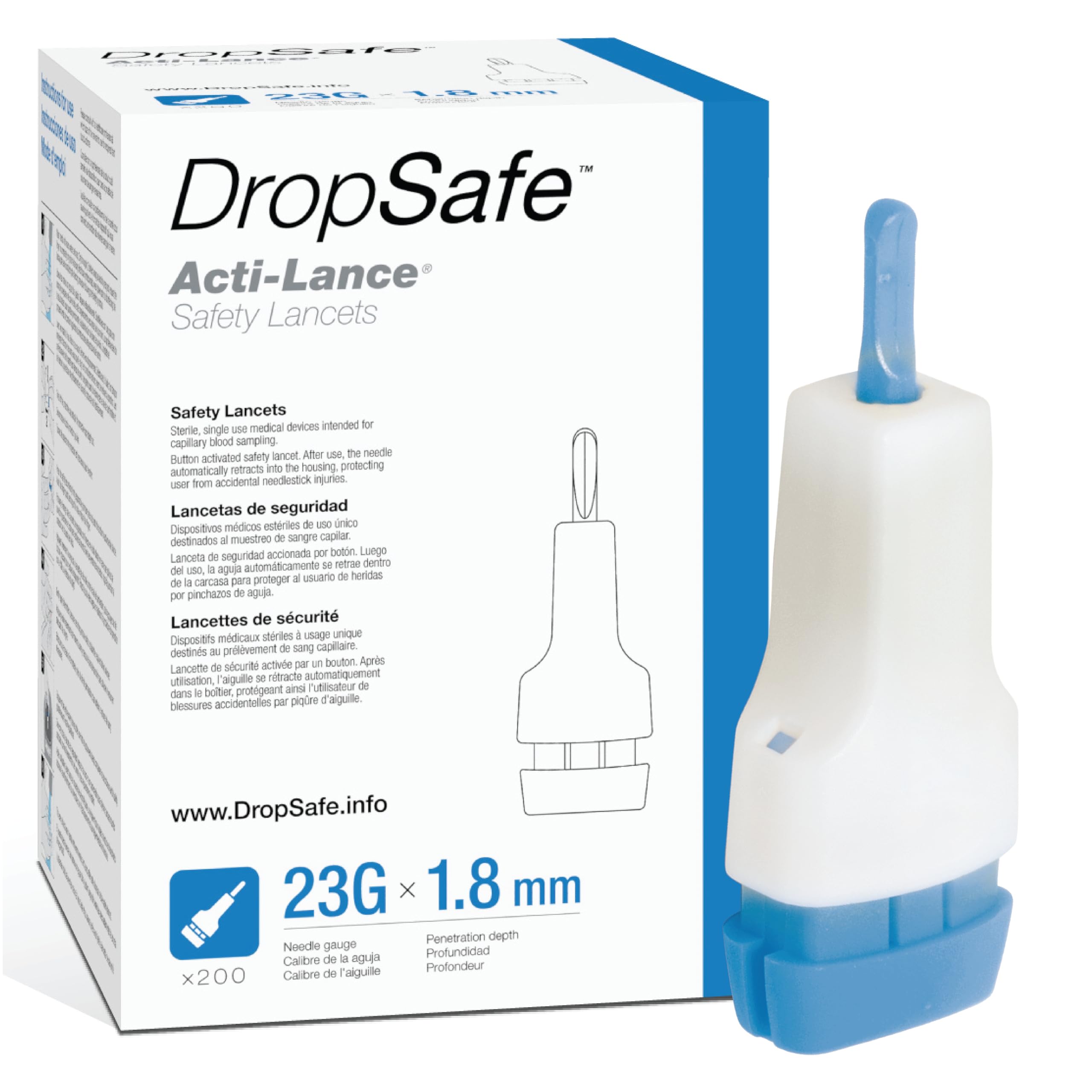 Acti-Lance Safety Lancet, Universal, 23 Gauge, 1.8mm, Top Button Activated for Blood Glucose Testing, Sterile, Single-Use, 200ct Box
