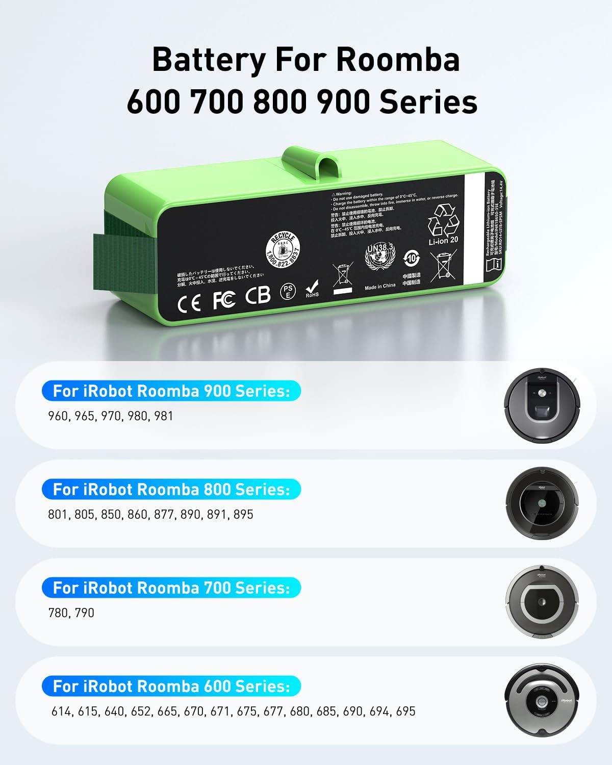 1800Li Replacement Battery for iRobot Roomba, Imported battery Replacement for Roomba 900 800 700 600 Series, for 960 965 970 980 981 801 805 850 860 877 890 891 895 780 790 614 615 640 665 670 675