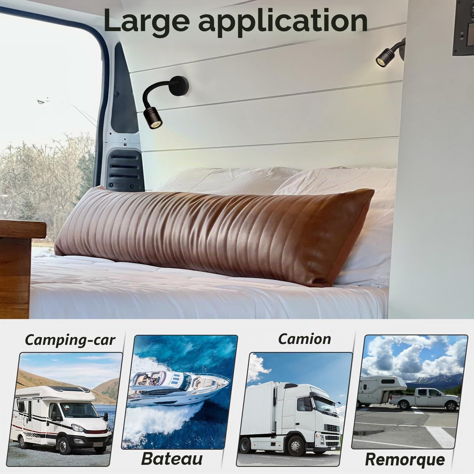 2 x Lampe de Lecture 12V LED Spot Camping-Car Flexible Col de Cygne Noir Luminosité Réglable Applique Murale DC24V 3200K pour Bateau Caravane Voiture Camion, avec USB & Variateur Interrupteur