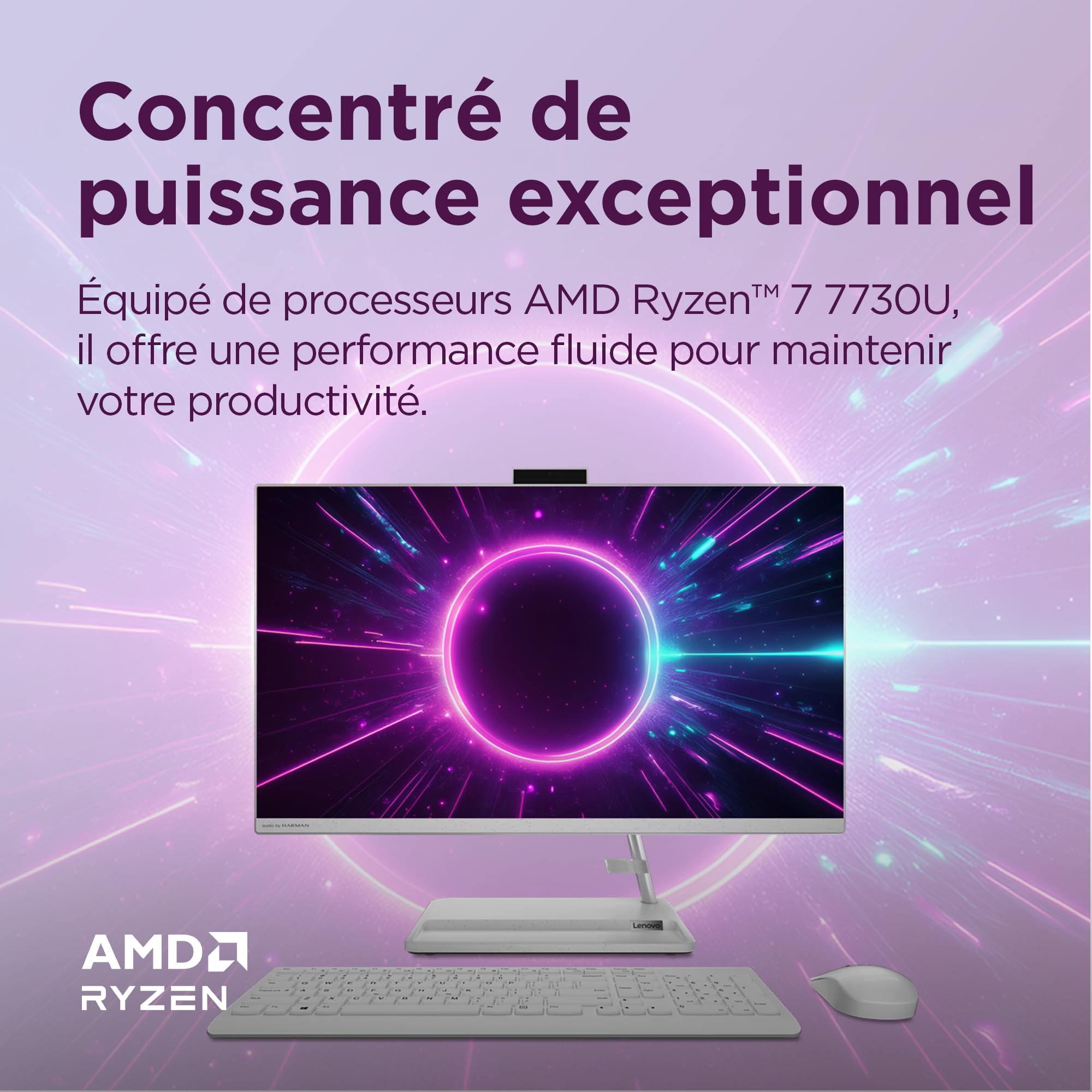 Lenovo IdeaCentre AIO 3 27ALC6 - Ordinateur de Bureau Tout-en-Un 27" FHD (AMD Ryzen 7 7730U, 16 Go RAM, 512 Go SSD, Graphique AMD Radeon, Windows 11 Home) Clavier AZERTY et Souris - Blanc