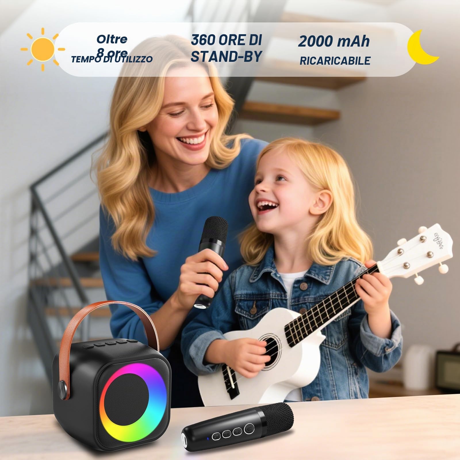 Karaoke Bambini con 2 Microfoni, Microfono Karaoke per Bambini e Adulti con Luce LED, Macchina Karaoke Portatile con Effetti di Cambio Voce, Regali per bambini da 3 a 12 anni
