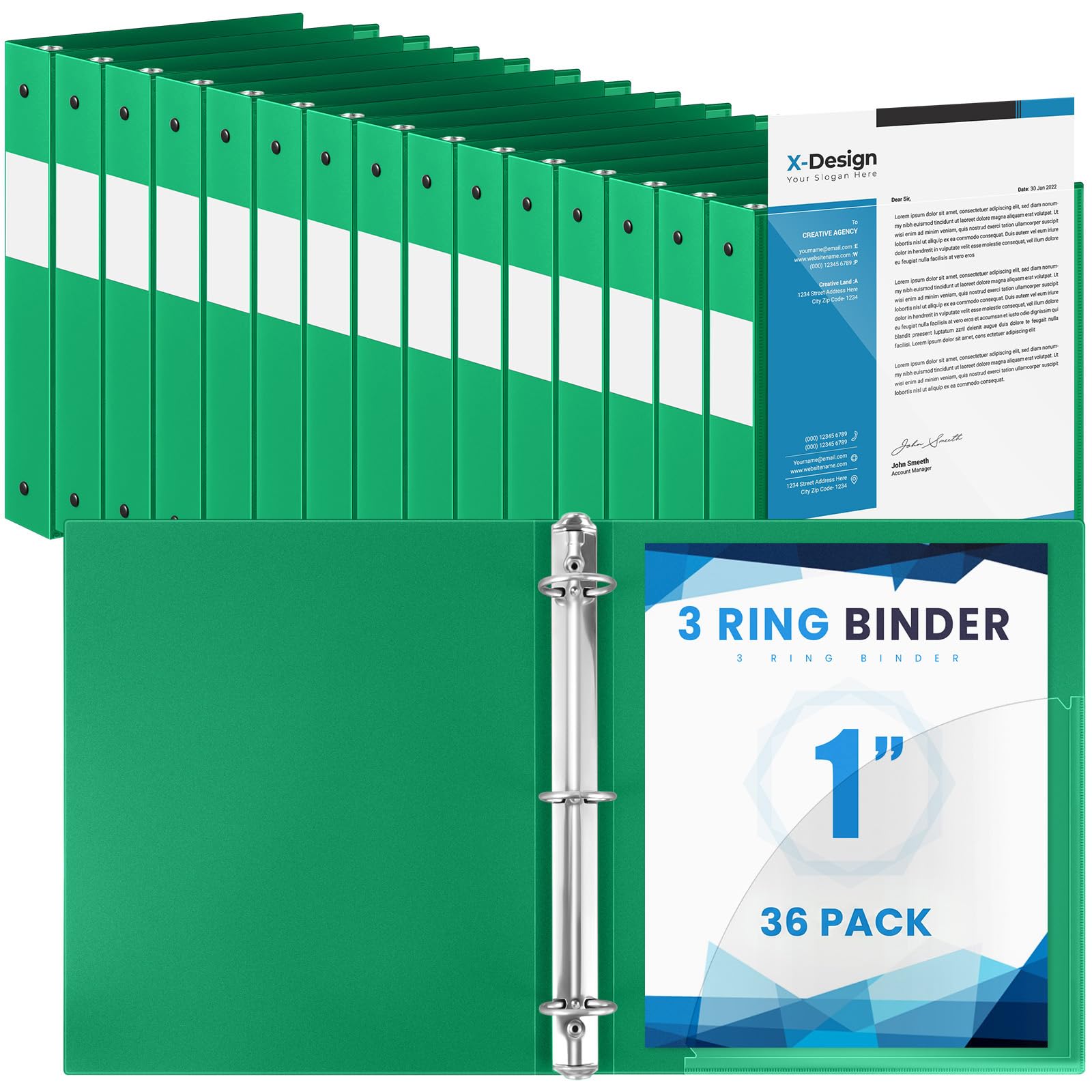 Henoyso 36 Pack 1 Inch 3 Ring Binder with Clear Cover Fit Letter Size 8.5" x 11" Paper Holds 240 Sheets, Bulk Binders for Organizing School, Office & Classroom Documents, 1 Pocket (Green)