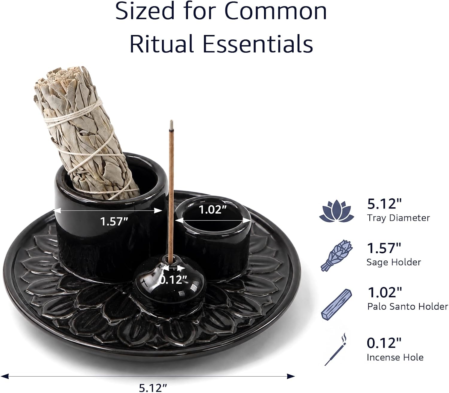 4 in 1 Ceramic Incense Holder, Palo Santo Stick Holder, Sage Holder for Burning, 5.2" Ash Catcher Tray for Meditation, Yoga & Home Decor (Black) image 3
