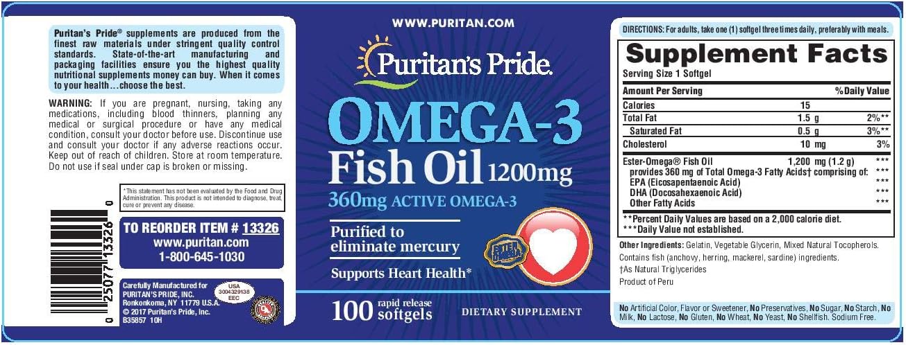 Puritan's Pride Omega-3 Fish Oil 1200 mg (360 mg Active Omega-3) - 100 Softgels