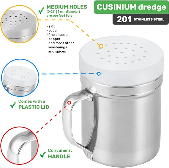 CUSINIUM [Set of 3] 6oz Stainless Steel Dredges With Handle - Fine Mesh + Medium Holes + Large Holes (For Coarse Seasonings)