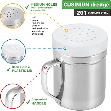 CUSINIUM [Set of 3] 6oz Stainless Steel Dredges With Handle - Fine Mesh + Medium Holes + Large Holes (For Coarse Seasonings)