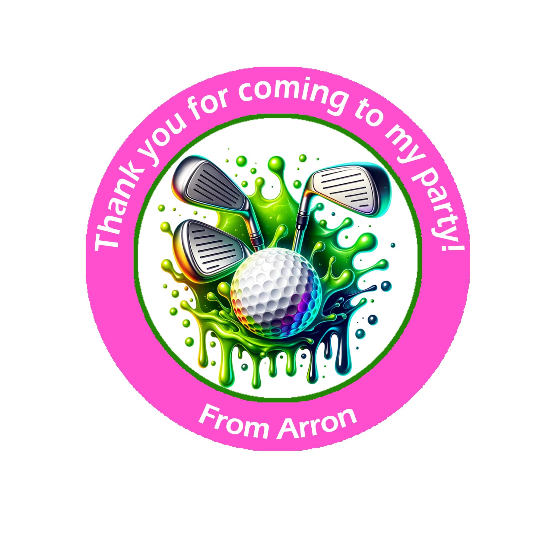 Personalised Golf Party Stickers – 45mm Round Labels for Party Bags, Favours or Sweet Cones – Golf Themed Birthday Decoration - 24 Pink Golf Stickers