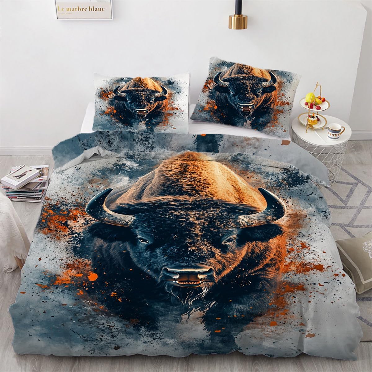 NDXRWDZR Single Bedding Set Buffalo Duvet Cover for Kids Soft Hypoallergenic Microfiber Duvet Cover with Zipper Closure, 1 Duvet Cover 135x200 cm + 2 Pillowcases 50x75 cm