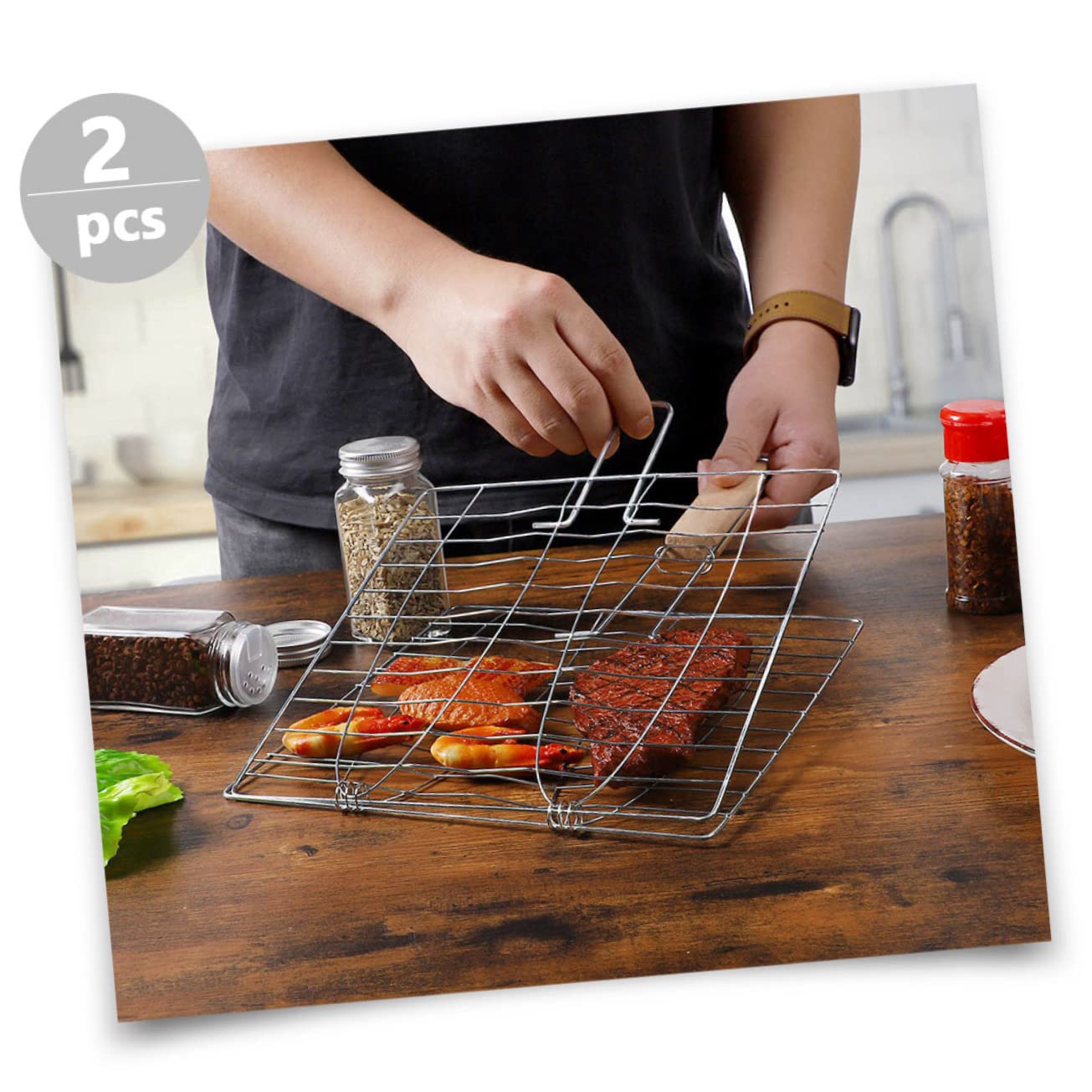 Toddmomy 2pezzi Cestini Per Grigliate in Inossidabile Retine Per Barbecue Da Utensili Per Grigliare Con Manico Ergonomico Per Proteggere La Mano Per Barbecue All e Cottura Di Bistecche e