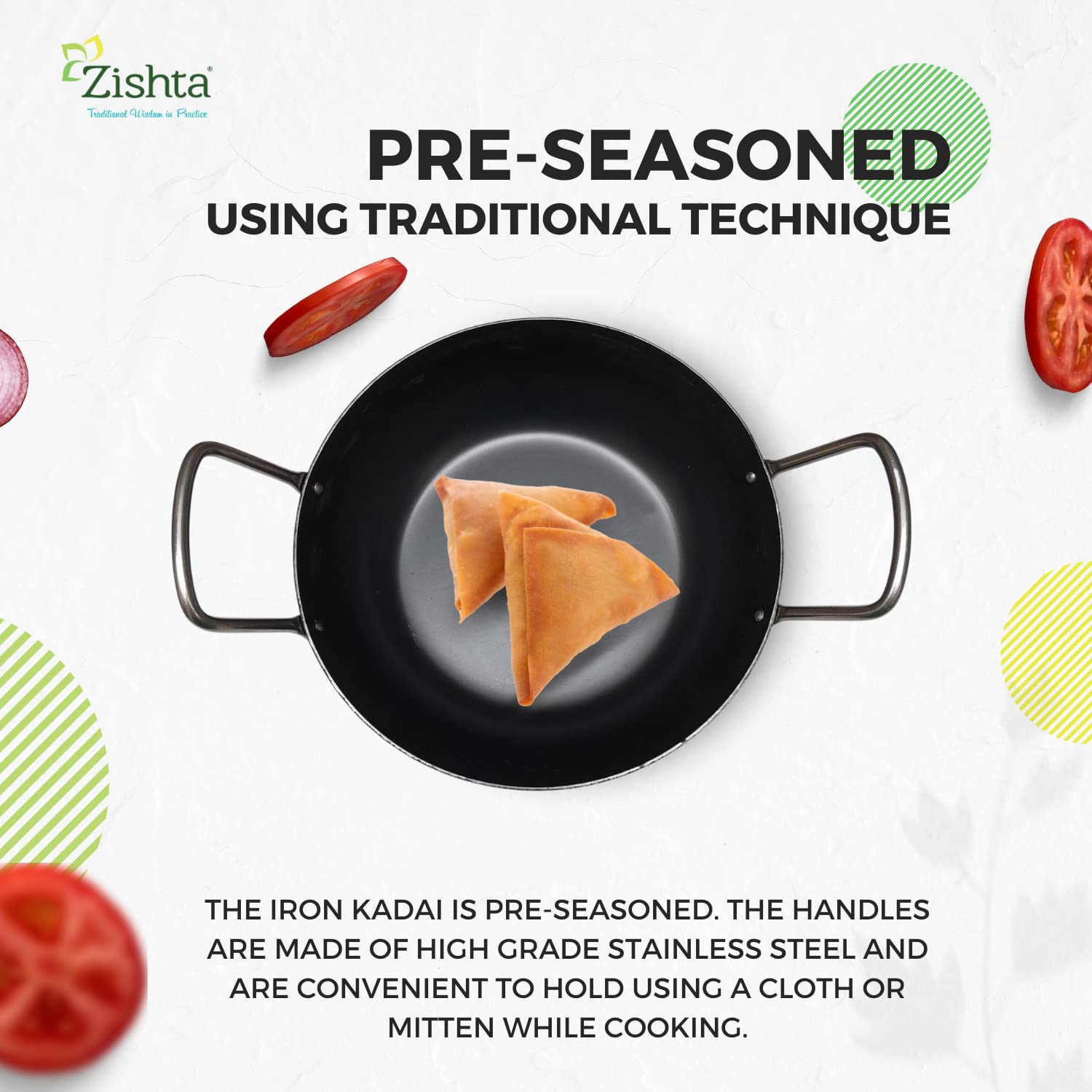 Zishta Pure Iron Flat Bottom Kadai (Large) | Traditional Flat Bottom Iron Kadai & Frying Pan | Induction and Gas Stove Compatible | Flat Bottom Kadai Zishta | Iron Kitchenware Kadai Flat (Dia: 25cm, L: 31cm, Cap: 1.5L, H: 7cm, 0.95 Kg) 1