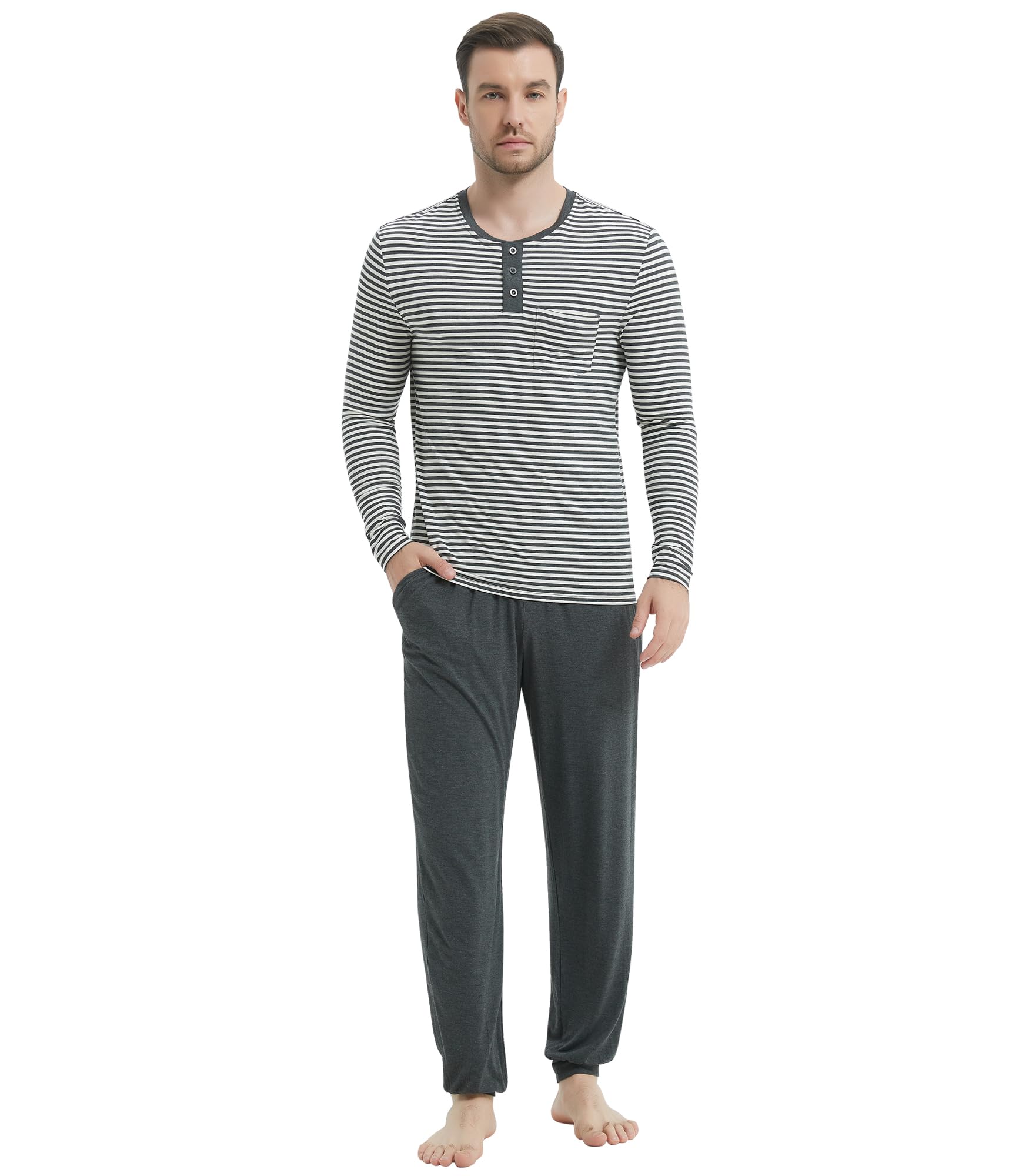 NACHILA Mens Pajamas Set Viscose Made from Bamboo Henley Top Sleep Pants