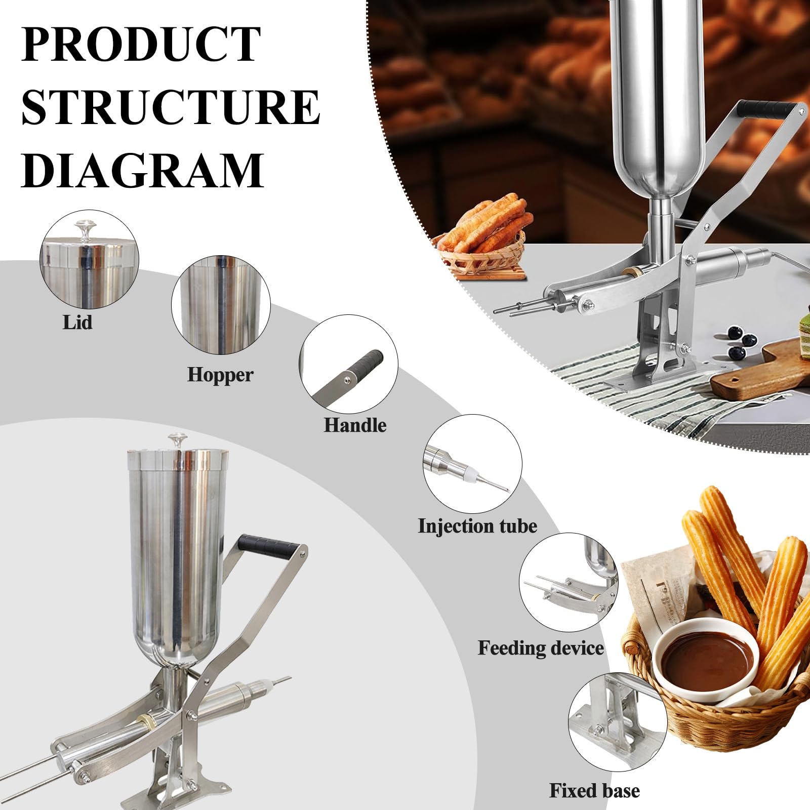 Churros manual, inyector de relleno de gelatina de masa de 5 litros, máquina de churros de acero inoxidable con 4 boquillas para cocina de restaurante
