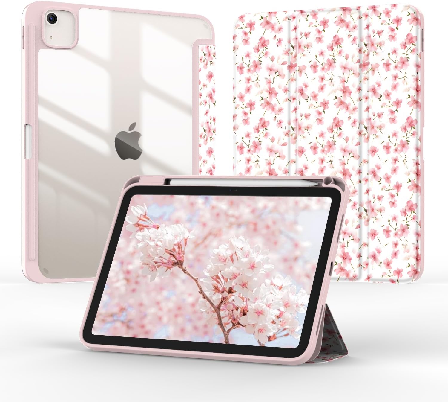 Case for iPad Air 13 inch M4/M3/M2 (2026/2025/2024), Slim Lightweight Tri-Fold Stand Smart Folio Auto Wake/Sleep 13" Cover with Clear Back/Pencil Holder for iPad 13 Air (Floral Pink)