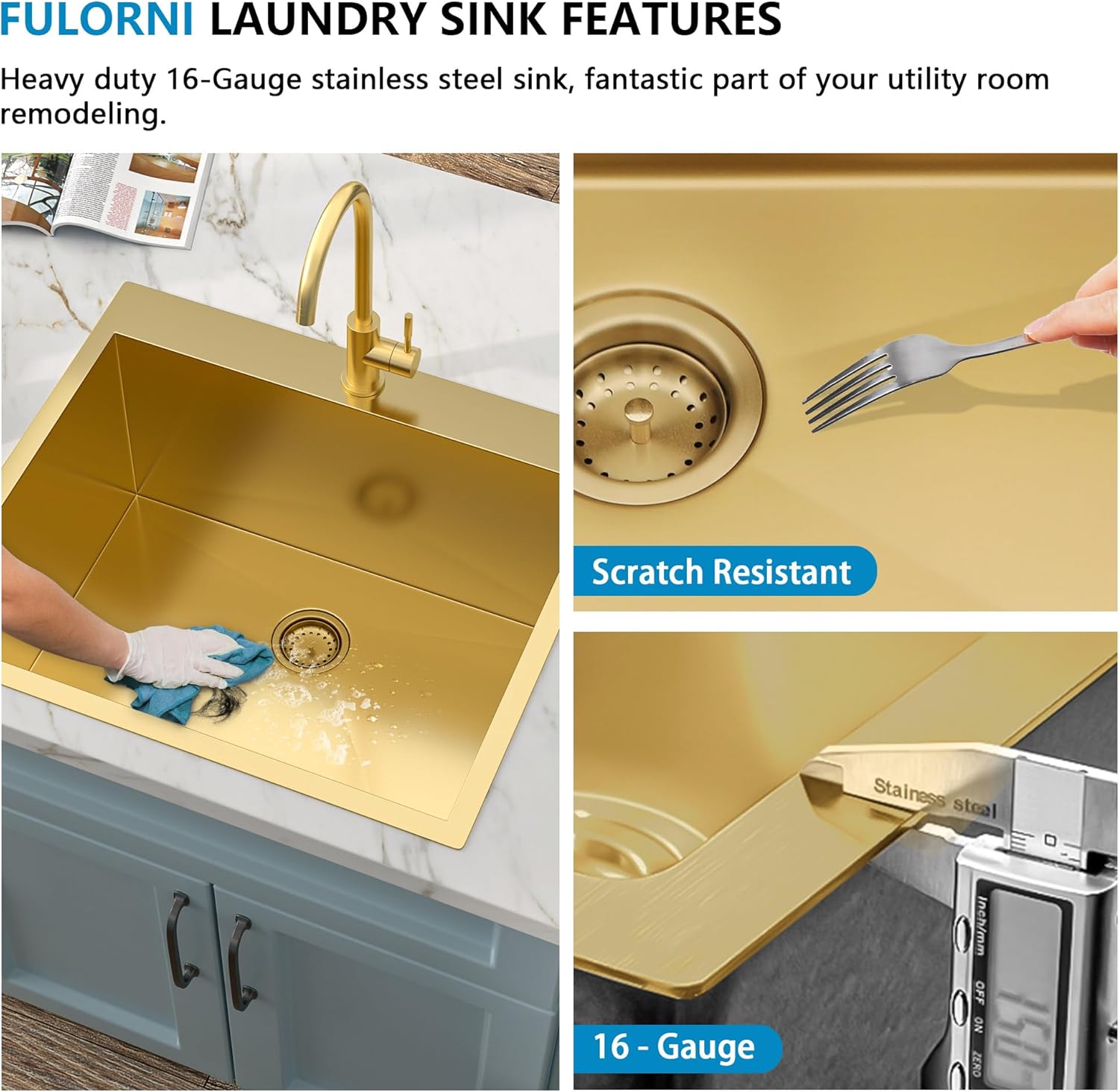 25"x22" Drop In Laundry Utility Sink – 16 Gauge 304 Stainless Steel Brushed Gold NANO-PVD Topmount 12 Inch Deep Single Bowl Laundry Room Sink