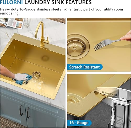 Miniatura 133 de Fregadero de lavandería de 25 x 22 pulgadas, montaje superior, acero inoxidable T304, calibre 16, 12 pulgadas de profundidad, fregadero individual