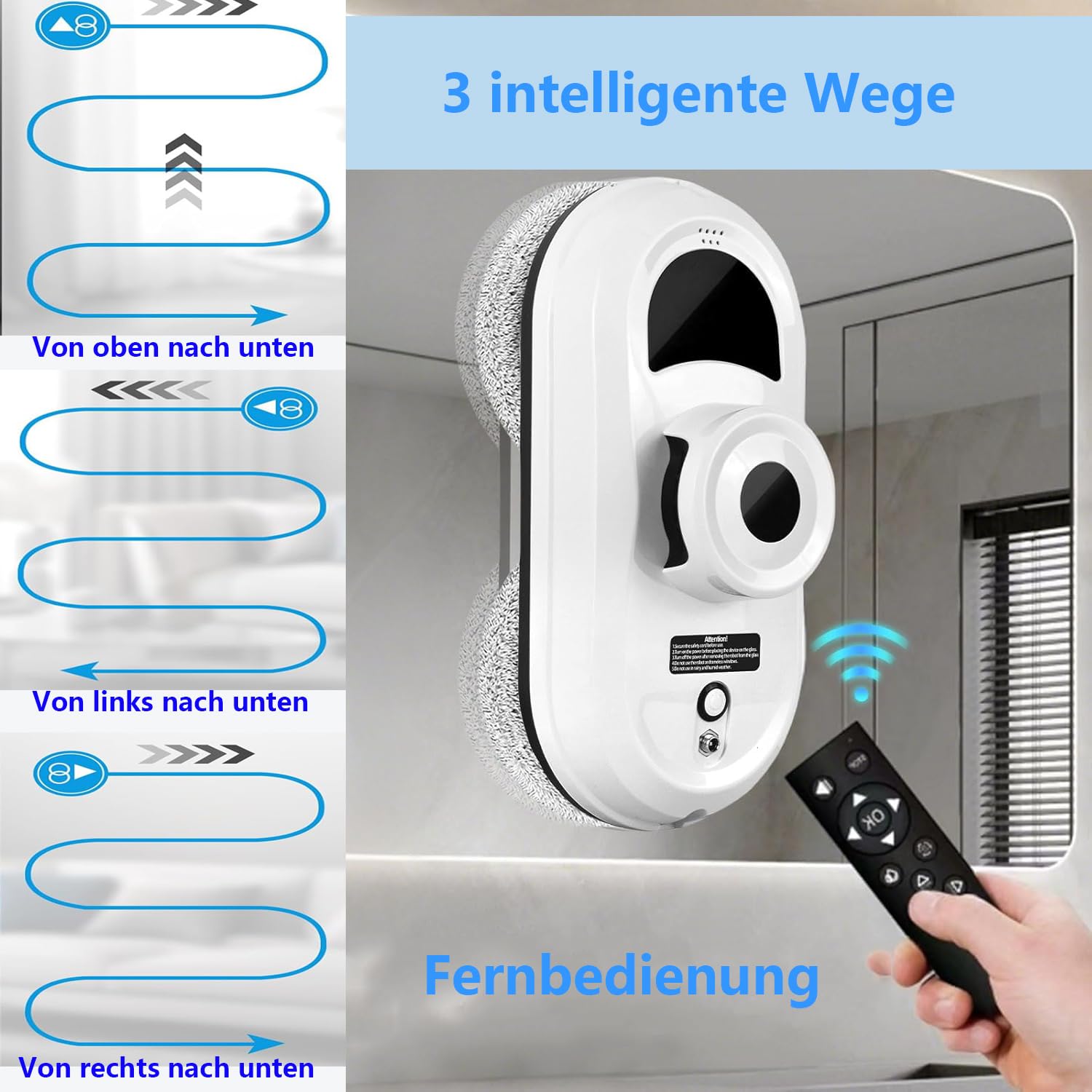 Fensterputzroboter, 5600Pa Elektrischer Fensterreiniger Roboter mit Fernbedienung und Kantenerkennungssystem, Automatischer Fensterreiniger für Innen- und Außenfenster, 6 Tücher