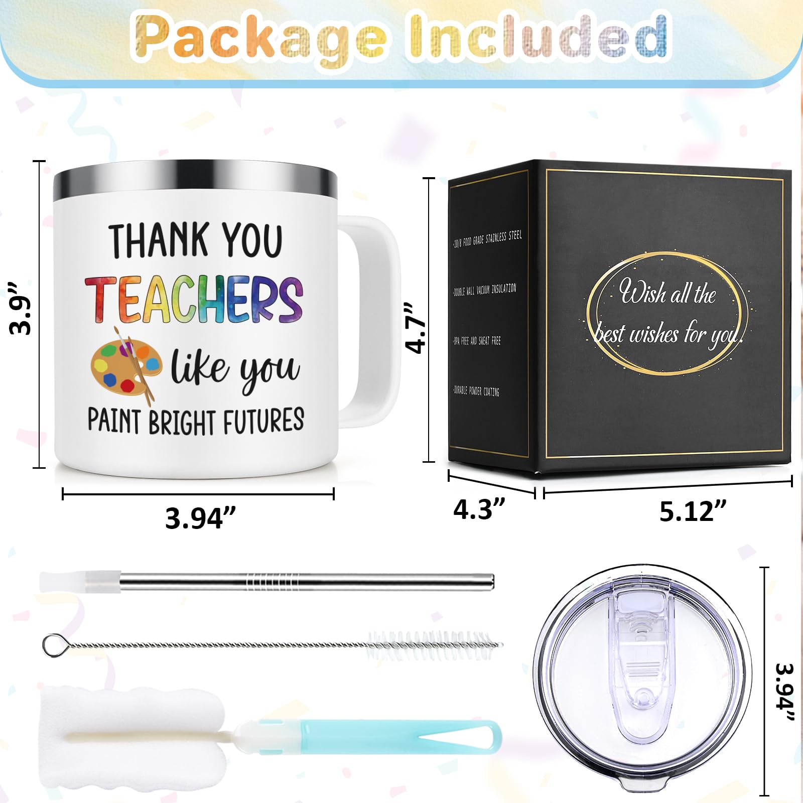 Lifecapido Art Teacher Gifts, Thank You Teachers Like You Paint Bright Futures 14oz Insulated Coffee Mug with Keychain, Art Teacher Appreciation Gifts, White