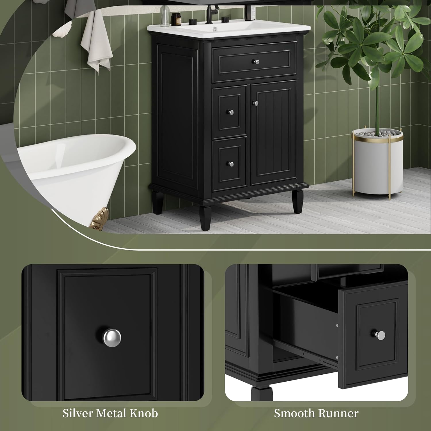Merax 24 Inch Small Bathroom Vanity with Sink, Storage Cabinet with Tip-Out Drawer and Adjustable Shelf, Soft-Closing Door, Black