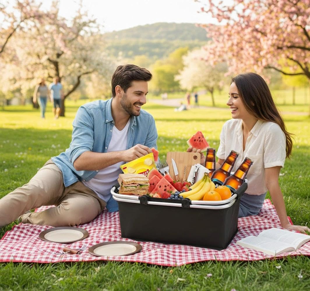 Einkaufskorb,Einkaufskorb Faltbar,Tragekorb,Kühlbox Tragbare Mit Gepolsterten Griffen,Thermo Als Picknickkorb, Für Reisen,Einkaufen,Picknick,1 Stück,30 Liter(Schwarz)