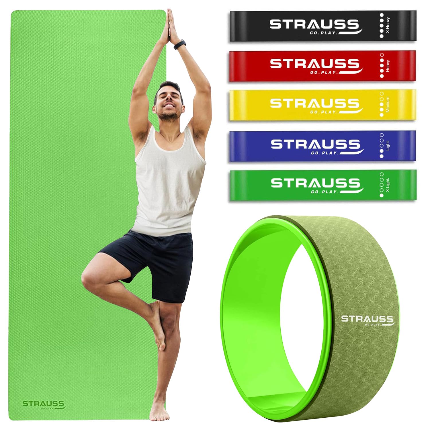 STRAUSS Yoga Combo Kit (1 Yoga Mat, 5 Resistance bands, 1 Yoga Wheel) | Green EVA Yoga Mat (6mm), 5 Multicolor Latex Resistance bands, 12 inch Green Yoga Wheel | Ideal for Yoga & Training