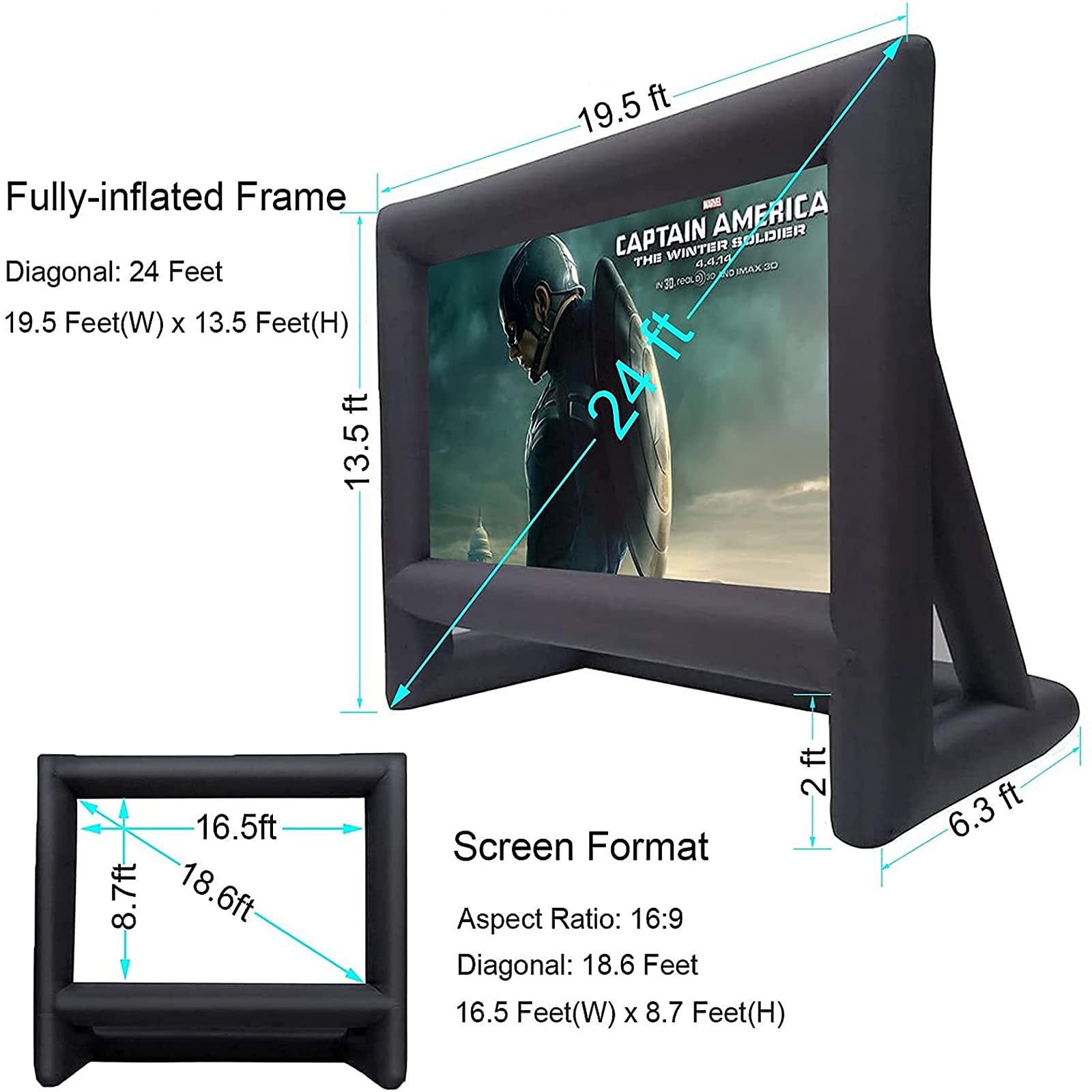 Proyector inflable de 24 pies para exteriores e interiores, pantalla de proyección de cine portátil, con soplador de aire, amarres y bolsa de almacenamiento, para patio trasero, piscina, fiesta