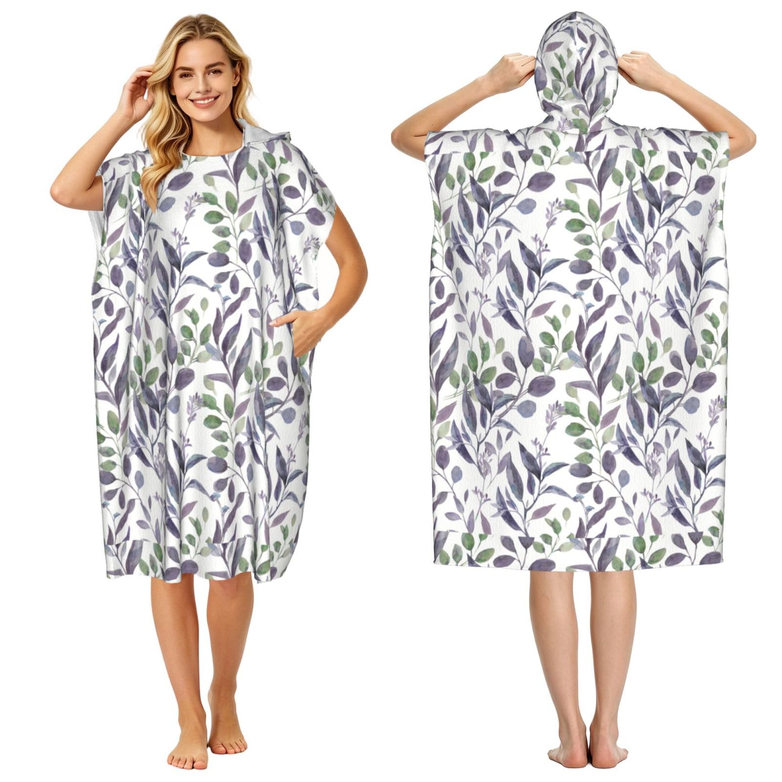 Poadnly Purple Sage Green Leaves Greenery, Adult Hooded Beach Towel 90 x 110 cm,Changing Bath Robe, Surf Poncho Towel For Women Men
