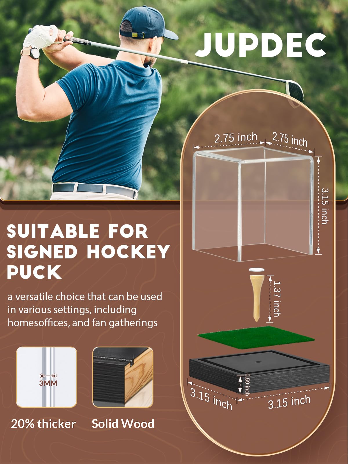 JupDec Vitrina para pelotas de golf, acrílico transparente, soporte de cubo con base de madera y camiseta, caja de almacenamiento transparente con protección contra el polvo para colecciones de
