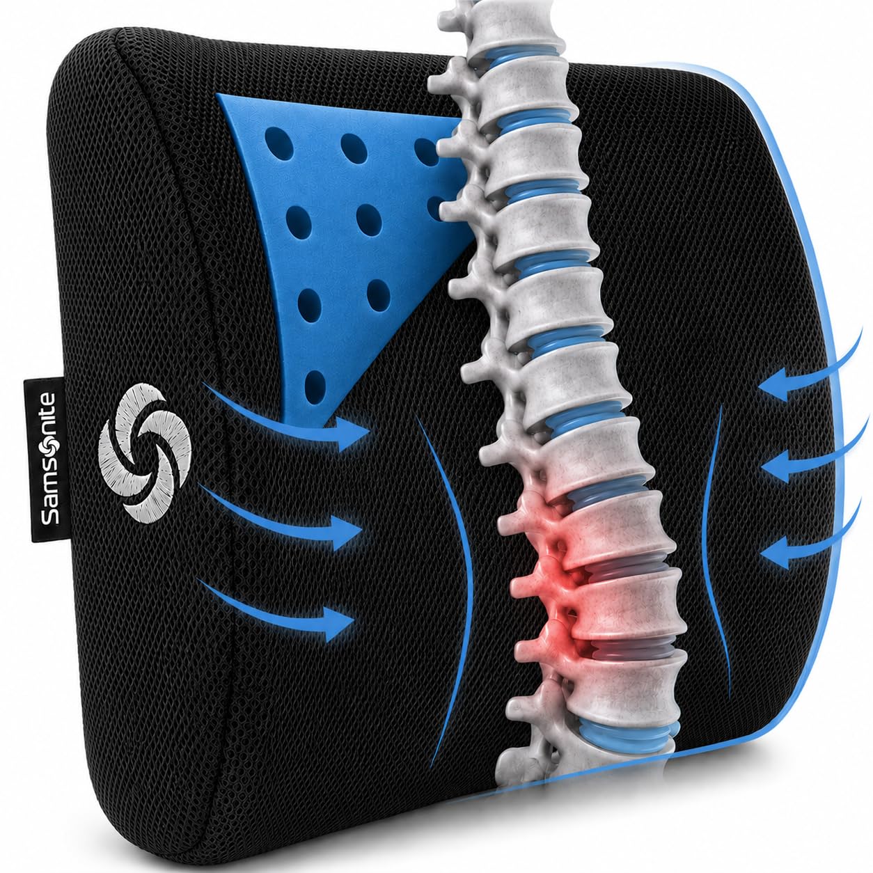 Samsonite Memory Foam Lumbar Support Pillow for Office Chair, Gaming Chair &amp; Car Seat Automotive Use, Home Office Essentials for Sitting Comfort and Posture Relief Back Support, Black with Cooling Gel