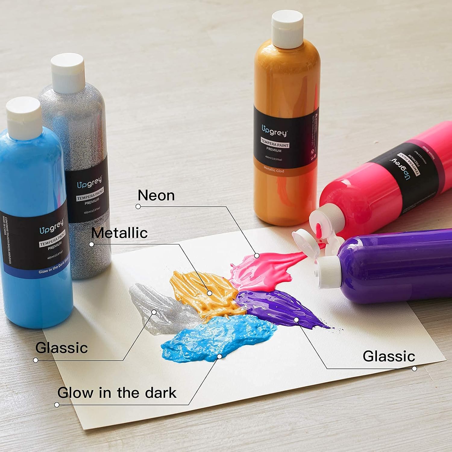 Upgrey Tempera Paint Set for Kids, (400ML/13.5 floz) Kid Paint Non-Toxic 18 Colors with 5 Brushes ( Basic, Neon, Glitter, Metallic, Glow) for Poster Paint, Finger Paint : Toys & Games